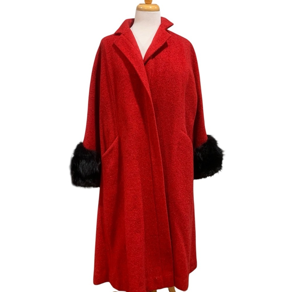 Vntg 50’s Volup Lilli Ann Red wool Coat with Black Fur Trim size XL
